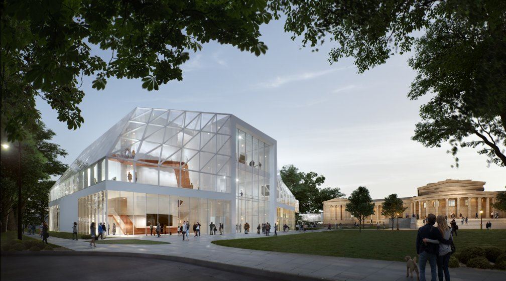 Design mock-up for the Albright Knox Gallery exhibition space. View of the north building from Elmwood Avenue. Image courtesy Albright Knox Gallery.