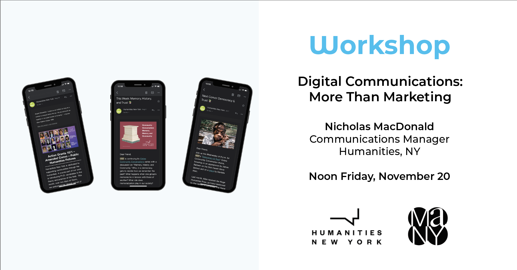 three iphones with promotional images from humanities new york on screen
